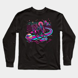 COOL JESUS RIDING RAINDEER RAINBOW RETRO 80'S NEON VIBE Long Sleeve T-Shirt